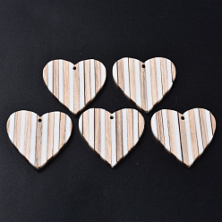 White Stripe Resin & Wood Pendants, Heart, White, 37.5x39x3.5mm, Hole: 2mm
