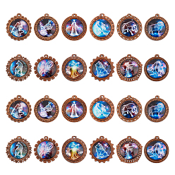 Mixed Color Glass Pendants, with Wooden Cabochon Settings, Half Round with 12 Constellations Pattern, Mixed Color, 44x43x11mm, Hole: 3mm, 1pc/constellation, 12 constellation, 12pcs/set