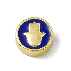 Синий Настоящие позолоченные латунные эмалевые бусины 18k, долговечный, религия, без кадмия и без свинца, плоские круглые с Хамса стороны, синие, 11x4.5 мм, отверстие : 1.8 мм