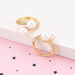 Настоящее золото 18K Латунные кольца-манжеты с микропаве и прозрачным цирконием для женщин, без кадмия и без свинца, круглые, с ABS имитации жемчуга, реальный 18 k позолоченный, 9 мм, внутренний диаметр: 18.5 мм, искусственный жемчуг: 9мм в диаметре