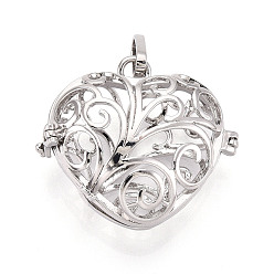 Платина Подвески из латуни, без никеля , для ожерелья, полые сердца, платина, 31x33x15.5 мм, отверстие : 3x7 мм, внутренней меры: 22x26 мм