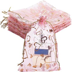 PeachPuff 100Pcs Gold Stamping Heart Organza Gift Bags, Jewelry Gift Mesh Drawstring Pouches for Wedding Party Christmas Candy Bags, Wedding Favor Bags, Rectangle, PeachPuff, 18x13cm