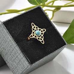 Настоящее золото 18K Синтетический бирюзовые перстни, узел ведьмы 304 открытые манжеты из нержавеющей стали, реальный 18 k позолоченный, узел ведьмы: 19.5x21.5мм, регулируемый