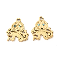 Octopus 304 Stainless Steel Rhinestone Pendants, Ion Plating(IP), Golden, Octopus Charms, 14.5x13x1.5mm, Hole: 1.6mm