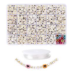 Mixed Color DIY Jewelry Making Kits, Including White Cube Acrylic Beads Gold Letter, Elastic Crystal Thread, Mixed Color, 1180pcs