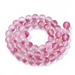 Camellia Frosted Spray Painted Glass Beads Strands, with Golden Foil, Round, Camellia, 8~9mm, Hole: 1.2~1.5mm, about 46~56pcs/Strand, 14.37 inch~16.3 inch(36.5~41.4cm)