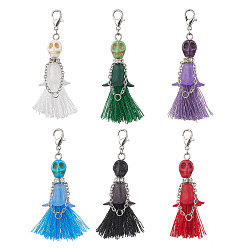 (52) Непрозрачная лаванда 6 шт. 6 цвета Хэллоуин окрашенный синтетический бирюзовый череп и акриловый цветок поликоттон кисточка подвеска украшения, Сплав с застежками когтя омара, платина, разноцветные, 60~61 мм, 1 шт / цвет