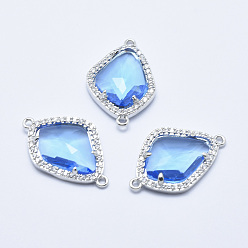 Васильковый Латунные микро проложить кубических ссылки циркония, со стеклом, граненые, слеза, платина, васильковый, 27x18x4.5 мм, отверстие : 1.4 мм
