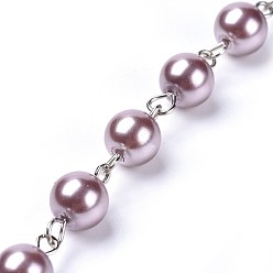 Rosy Brown Handmade Dyed Glass Pearl Beaded Chains, Unwelded, with Iron Eye Pin, Platinum, Rosy Brown, 39.37 inch, 1m/strand