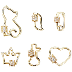 Настоящее золото 18K 6 шт. 6 стили латунные микропаве прозрачные кубические цирконии с винтовым карабином и замком, для изготовления ожерелий, долговечный, разнообразные, реальный 18 k позолоченный, 16~28x9~26x2~5 мм, Винт: 5x5 мм, 1 шт / стиль