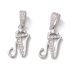 Letter N Кулоны из экологически чистой латуни с микропаве и кубическим цирконием, долговечный, Реальная платина, без кадмия и без свинца, буквы, letter.n, 16~20x7~11.5x1.5~2.2 мм, отверстие : 6.5x3.5 мм