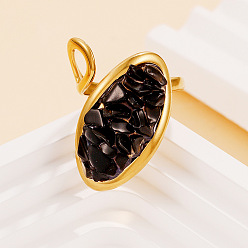 Обсидиан Натуральная крошка обсидиана с 304 открытыми кольцами из нержавеющей стали, овальные, золотые, 17 мм