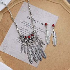 Перо Винтажный этнический богемный стиль ожерелье из сплава и смолы и висячие серьги комплект, античное серебро, перо, 500 мм