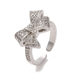 Платина Открытая манжета из латуни с микропаве из кубического циркония, без кадмия и без свинца, бантом, платина, внутренний диаметр: 17 мм