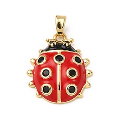 Красный Латунные подвески с микропаве из кубического циркония и эмали, коровка, стойки покрытие, долговечный, без свинца и без кадмия, реальный 18 k позолоченный, красные, 20x18x5 мм, отверстие : 5x3 мм