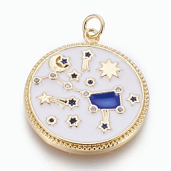 Золотой Латуни циркония кубической подвески, с эмалью, плоский круглый с ковшом, белые, золотые, 27.5x24x2 мм, отверстие : 3 мм