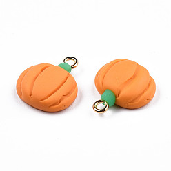 Orange Handmade Polymer Clay Pendants, with Light Gold Plated Iron Loop, Pumpkin, Orange, 17.5~19x16x6mm, Hole: 2mm