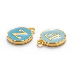 Light Sky Blue Initial Letter A~Z Alphabet Enamel Charms, Flat Round Disc Double Sided Charms, Golden Plated Enamelled Sequins Alloy Charms, Light Sky Blue, 14x12x2mm, Hole: 1.5mm, 26pcs/set