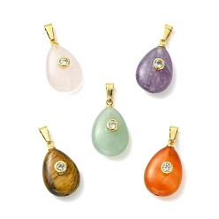 Golden Natural Gemstone Pendants, Teardrop Charms with Rack Plating Brass Micro Pave Clear Cubic Zirconia Findings, Golden, 20.5x13x8mm, Hole: 2.5x5.8mm