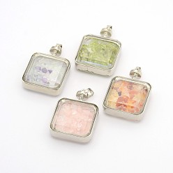 Mixed Stone Platinum Plated Brass Glass Floating Locket Pendants, with Mixed Stone Chips Inside, Square, 43x30x13mm, Hole: 4x6mm