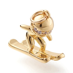 Золотой Латунные микропаве прозрачные подвески с фианитом, с целью перехода в кольце, реальный 18 k позолоченный, лыжник сноуборд очарование, золотые, 14.5x17.5x6.5 мм, Перейти кольцо: 5x1 мм, отверстие : 3.5 мм