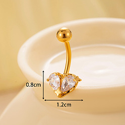 Сердце 316l хирургическая нержавеющая сталь прозрачный кубический цирконий изогнутые штанги живот кольца, золотые, сердце, 12x8 мм