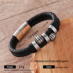 Column Vintage Braided PU Leather 304 Stainless Steel Bracelets with Magnetic Clasps for Men, Stainless Steel Color, Black, Column, Inner Diameter: 2.76 inch(7cm)