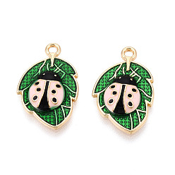 Розовый Подвески из эмали и сплава, без кадмия, без никеля и без свинца, золотой свет, Божья коровка и листик чарм, стойки покрытие, туманная роза, 23x14.5x3.5 мм, отверстие : 1.6 мм