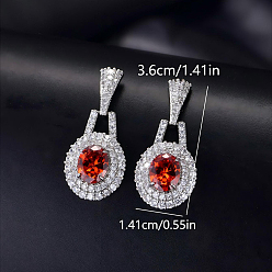 Red Brass Micro Pave Cubic Zirconia Oval Stud Dangle Earrings for Women, Platinum, Red, 36x14.1mm