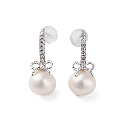 Platinum 925 Sterling Silver Studs Earring, with Cubic Zirconia & Natural Pearl, Bowknot, Platinum, 20x8.5mm