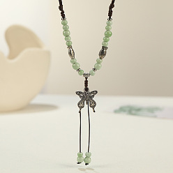 Темный Морско-зеленый Длинные ожерелья с подвеской в виде бабочки из сплава и фарфора в этническом стиле для женщин, античное серебро, темно-зеленый, 15.75~31.50 дюйм (40~80 см)