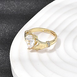 Золотой Латунные кольца с цирконием микро паве для женщин, регулируемые кольца Кладдах, золотые, 10.5x21.5 мм, размер США 7 3/4 (17.9 мм)