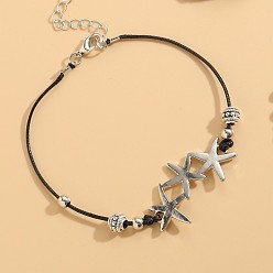 Морская звезда Летние пляжные браслеты из сплава черного цвета с вощеным шнуром, античное серебро, морская звезда, 7-7/8 дюйм (200 мм)