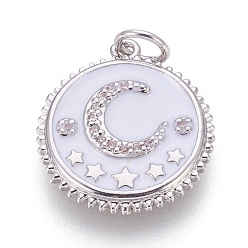 Белый Латунные микро проложить кубического циркония подвески, с эмалью, плоские круглые с Луны и звезды, платина, белые, 18x16.5x2 мм, отверстие : 3.5 мм