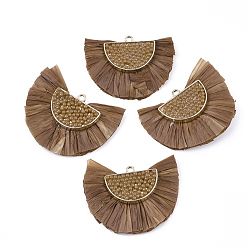 Sienna Raffia Tassel Pendants, with Micro Beads & Alloy Findings, Fan Shaped, Golden, Sienna, 31~33x47x7~8mm, Hole: 2mm