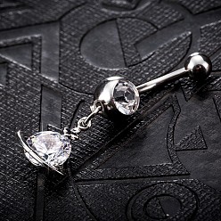 Transparent Piercing-Schmuck, Messing Zirkonia Nabel Ring, Bauchringe, mit 304 Edelstahlleiste, cadmiumfrei und bleifrei, Planet, Platin Farbe, Transparent, 39x12 mm, Stange: 15 Spurweite(1.5mm), Stangenlänge: 3/8"(10mm)