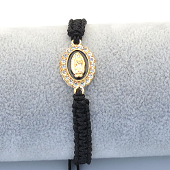 Черный Религиозные браслеты из сплава со стразами и эмалью, плетеные браслеты из хлопкового шнура для женщин, овальные с рисунками " virgin mary", чёрные, 6.30~11.81 дюйм (16~30 см)