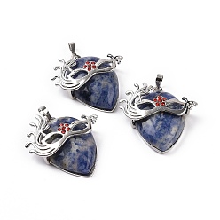 Sodalite Natural Sodalite Pendants, Teardrop with Mask Charms, with Rack Plating Platinum Plated Brass Ruby Rhinestone Findings, 37~37.5x34.5~36x10~11mm, Hole: 6x4mm