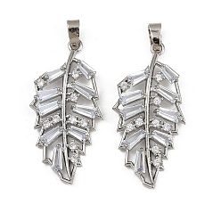 Платина Подвески из латуни с покрытием из прозрачного кубического циркония, долговечный, лист прелести, платина, 40x19.5x4 мм, отверстие : 5x3 мм