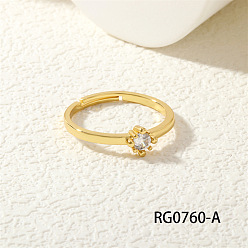 Плоский Круглый Латунные кольца-манжеты с микропаве из прозрачных кубических цирконий, золотые, плоско-круглые, внутренний диаметр: регулируемый