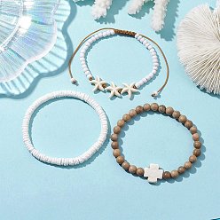 Synthetic Turquoise 3Pcs 3 Styles Cross Round Wood & Disc Sea Shell Beaded Stretch Bracelet Sets, Summer Beach Starfish Synthetic Turquoise Braided Bead Adjustable Stackable Bracelets for Women Men, Inner Diameter: 2~3-5/8 inch(4.98~9.13cm), 1pc/style