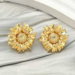 Настоящее золото 18K Латунные серьги-гвоздики с подсолнухом, стойки покрытие, долговечный, без кадмия и без свинца, реальный 18 k позолоченный, 25x26.5 мм