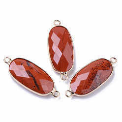 Красный Камень Соединители из натуральной красной яшмы, с латунными петлями по краям, покрытыми светлым золотом, овальные, граненые, 27x11x5.5 мм, отверстие : 2 мм