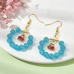 Sky Blue Imitation Jade Glass Beaded Ring Dangle Earrings, Golden Iron Wire Wrap Long Drop Earrings, Sky Blue, 53.5x30mm