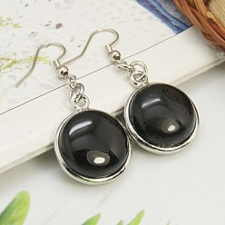 Black Agate Fashion Natural Black Agate Earrings, with Brass Earring Hooks, Half Round/Dome, 44~45x18~19mm, Pin: 0.6mm