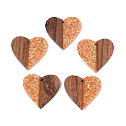 Темно-Оранжевый Подвески из непрозрачной смолы и орехового дерева, сердце прелести, с блестящей пудрой и золотой фольгой, темно-оранжевый, 37.5x39x3~3.5 мм, отверстие : 2 мм