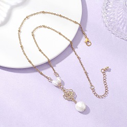 Золотой Подвеска в виде цветка из натурального жемчуга Кеши, круглая и из сплава 304 Женские ожерелья-спутники из нержавеющей стали, белые, золотые, 15.94 дюйм (40.5 см)