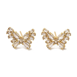 Real 18K Gold Plated Rack Plating Brass Micro Pave Cubic Zirconia Studs Earrings, Long-Lasting Plated, Lead Free & Cadmium Free, Butterfly, Real 18K Gold Plated, 14x19mm