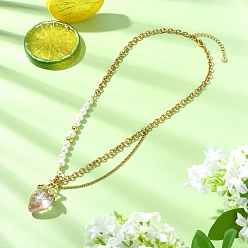 Pink Colgante de fresa de acrílico 304 Collares de cadena mixta de acero inoxidable con perlas de concha, real 18 k chapado en oro, rosa, 17.91 pulgada (45.5 cm)