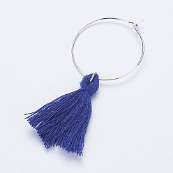 Dark Blue Cotton Thread Tassels Wine Glass Charms, with Brass Rings Hoop Earrings, Silver Color Plated, Dark Blue, 60mm